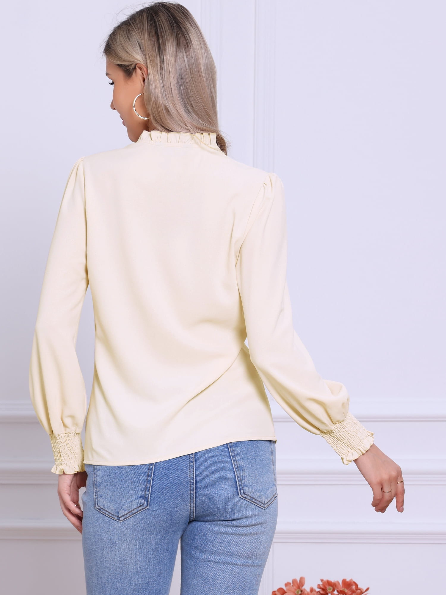DARING DIVA Women's Vintage Ruffle V Neck Puff Long Sleeve Shirts M Apricot
