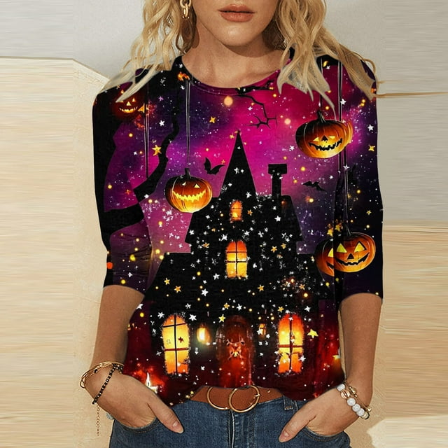 VKOYWKM T-Shirts d'Halloween pour Femmes Manches 3/4 Hauts T-Shirts Imprimés Château d'Halloween Automne Col Rond Blouses à Manches Trois Quarts