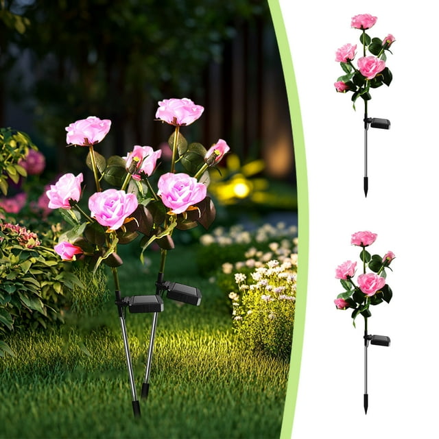 Luces solares para jardín exterior con 5 rosas | Luces decorativas impermeables con enchufe para patio y césped | Paquete de 2 flores de seda multicolor | Iluminación solar para decoración d