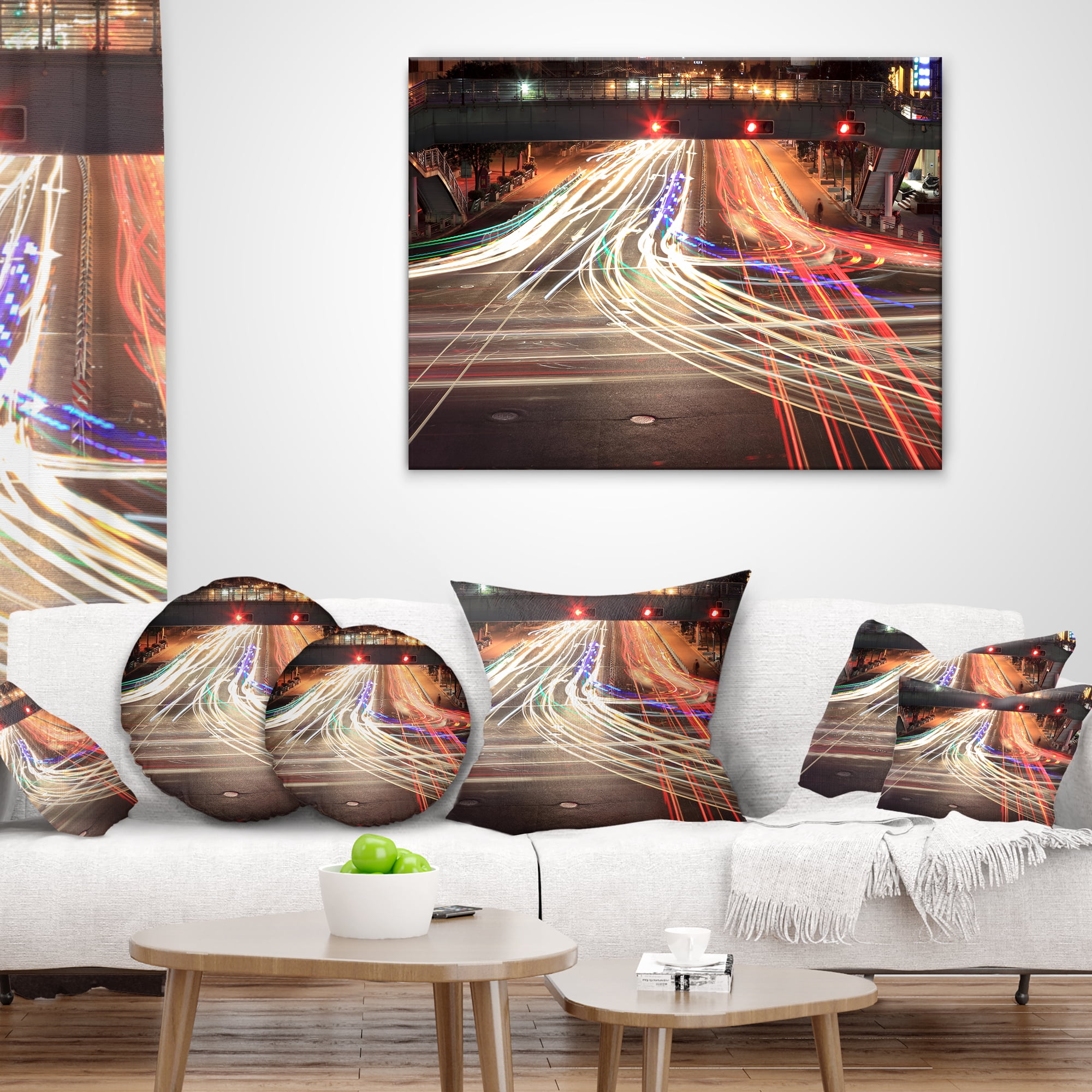 Designart Light Traces on Crossroad - Cityscape Digital Throw Pillow - 12x20