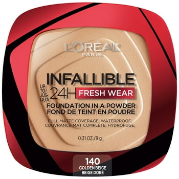 L'Oreal Paris Infallible Fresh Wear 24 Hr Powder Foundation Makeup, 140 Golden Beige, 1 fl oz
