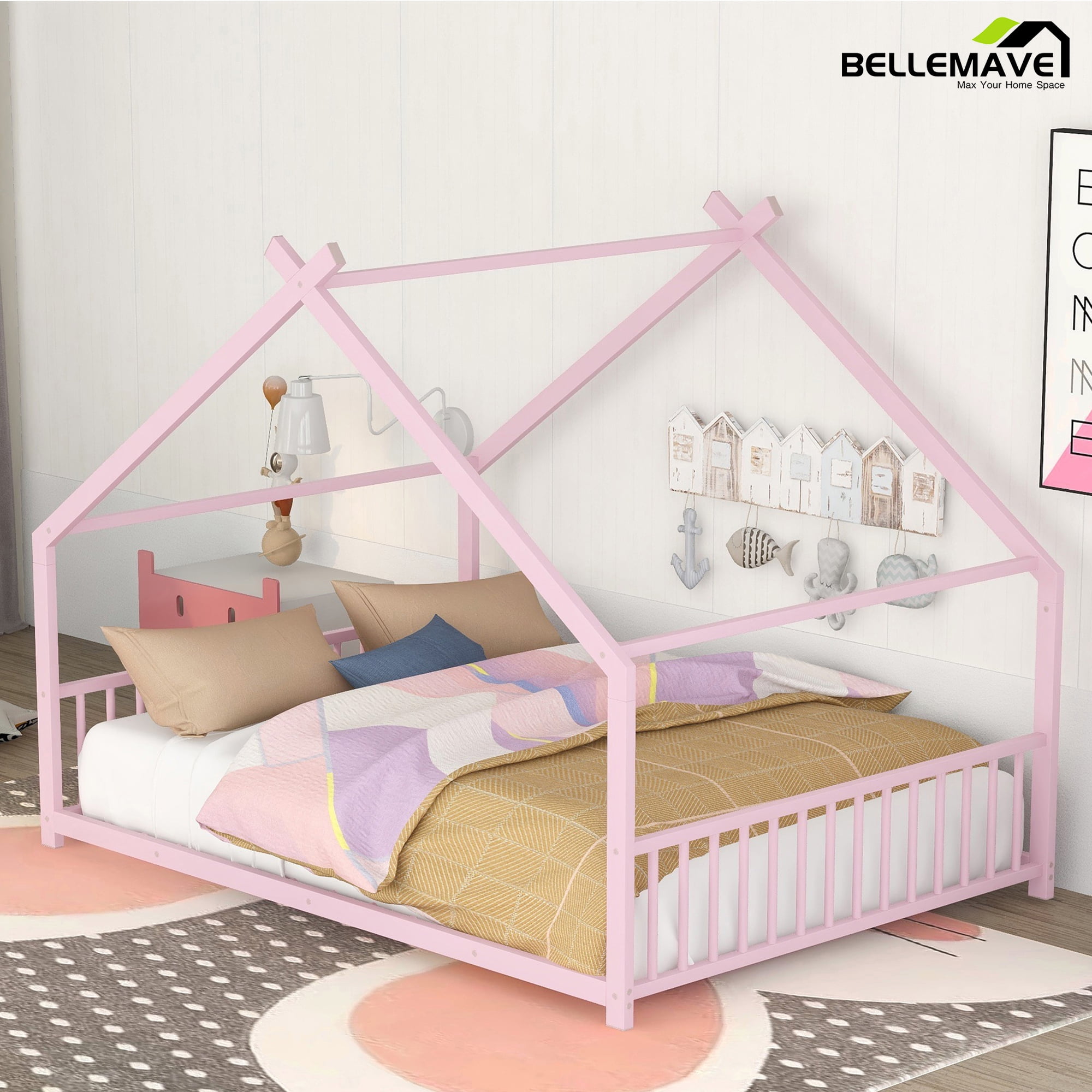 Bellemave Full Size Metal House Bed with Headboard and Footboard Montessori House Bed, Metal Floor Bed with Roof, No Box Spring Needed, Pink