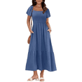 thumbnail image 3 of Vestido de Verano para Mujer, Estilo Bohemio, con Escote Cuadrado, Mangas Abullonadas, Fruncido, Corte A, Modesto, con Bolsillos, Azul Marino, Talla XXL, 3 of 8