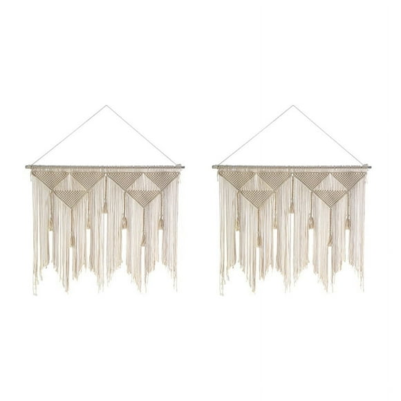 2X Macrame Wall Hanging Boho Woven Tapestry, Beige White Decor Curtain Backdrop(Wood Stick Not Included)