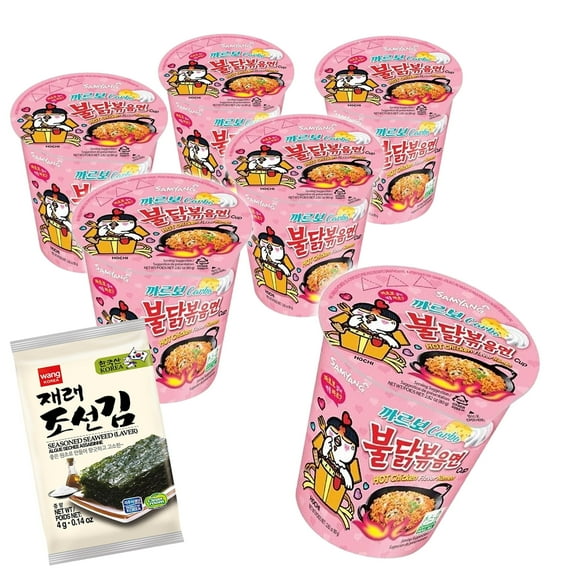 BUL DAK: Carbonara Stir Fried Spicy Chicken Flavor Korean Ramen Cup 6-Pack W/ Laver Pack