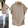 thumbnail image 3 of FNNMNNR Aviva Women Turtleneck Short Sleeve Cotton Solid Casual Blouse Top T Shirt Plus Kh/L, 3 of 3