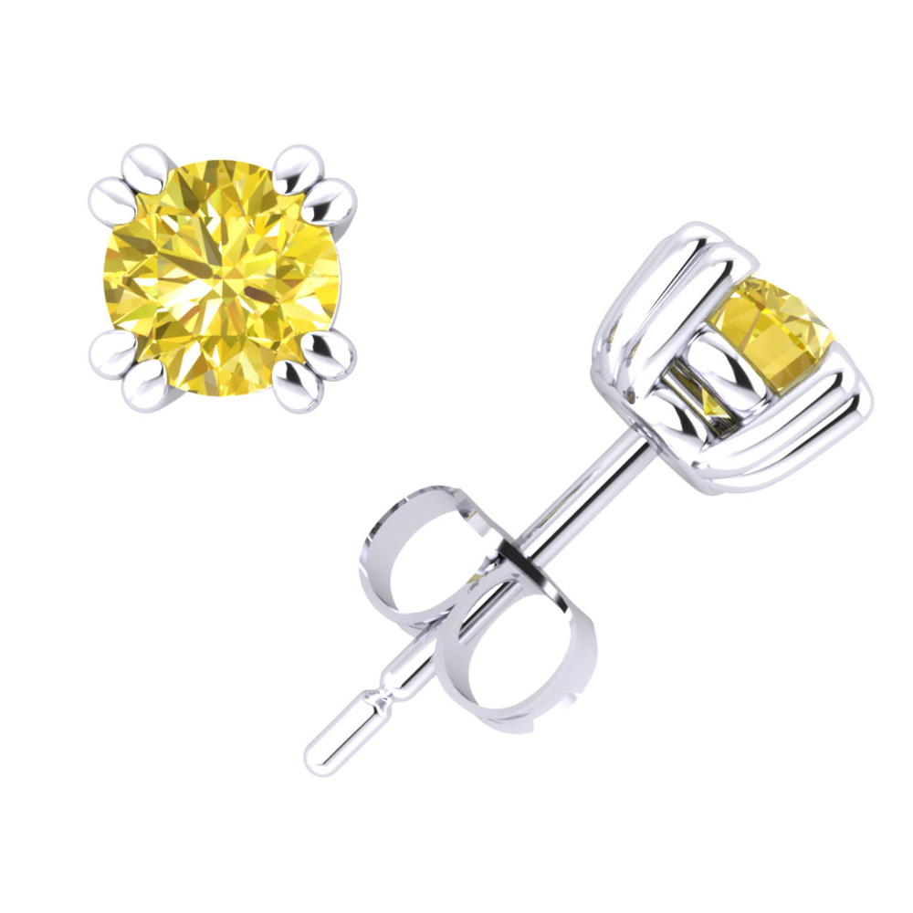 0.50Ct Round Yellow Diamond Basket Stud Earrings 14k White Gold Double Prong I1