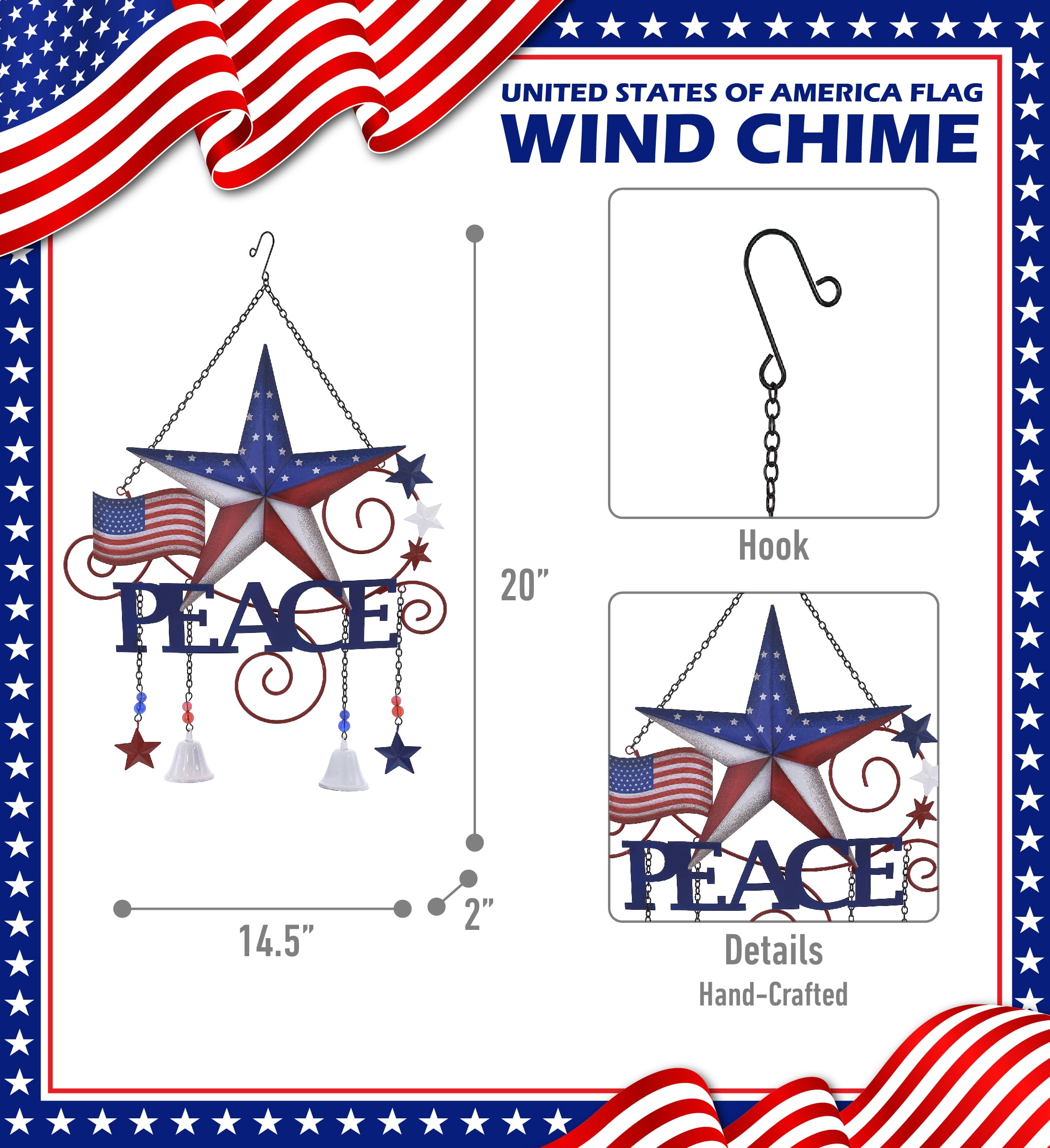 CoTa Global USA Flag Peace Wind Chime - American Flag Patriotic Indoor or Outdoor Windchime Home Decor with Hanging Bells, Handcrafted Glass and Metal Wind Chimes for Yard, Garden, Porch - 20 Inches