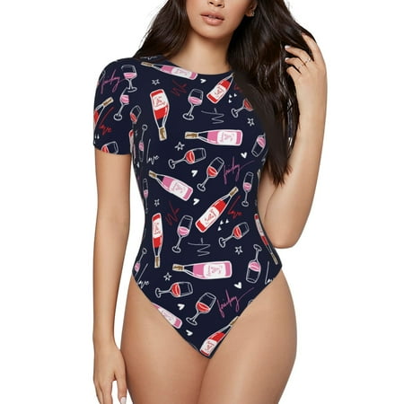 Salouo Love Wine for Women s Short Sleeve Bodysuit Sexy Bodysuits One Piece Round Neck Bodysuit Shapewear Tummy Control-Medium