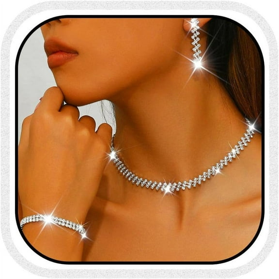 Rhinestone Bridal Wedding Jewelry Sets Silver Necklace Earrings Bracelet Set Prom Formal Costume Jewelry Set for Women and Brides