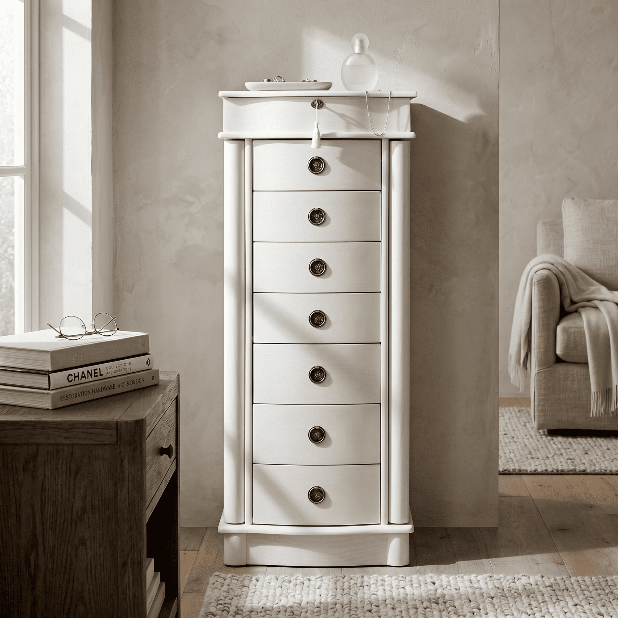 Hives and Honey Nora Traditional Jewelry Armoire with Locking Compartment and Ample Storage, White