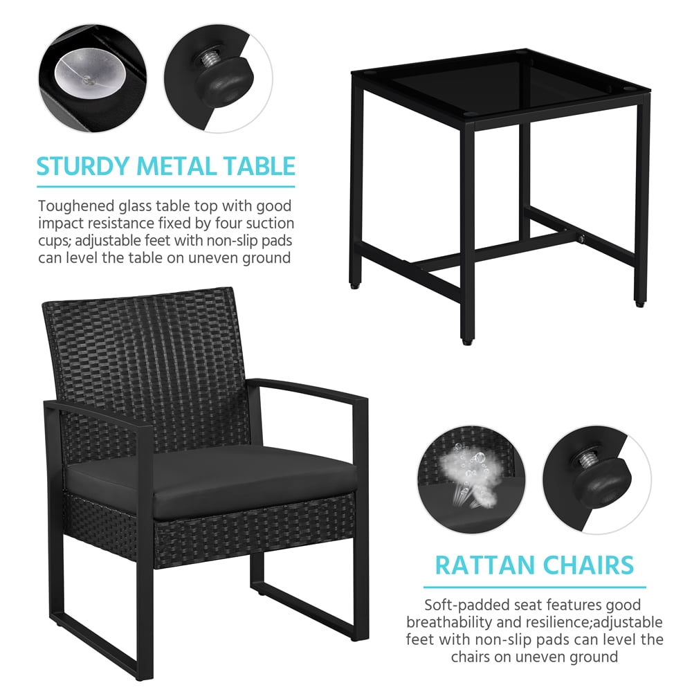 Yaheetech 3-piece Patio Set 2 Rattan Chairs & Table with Cushions, Black