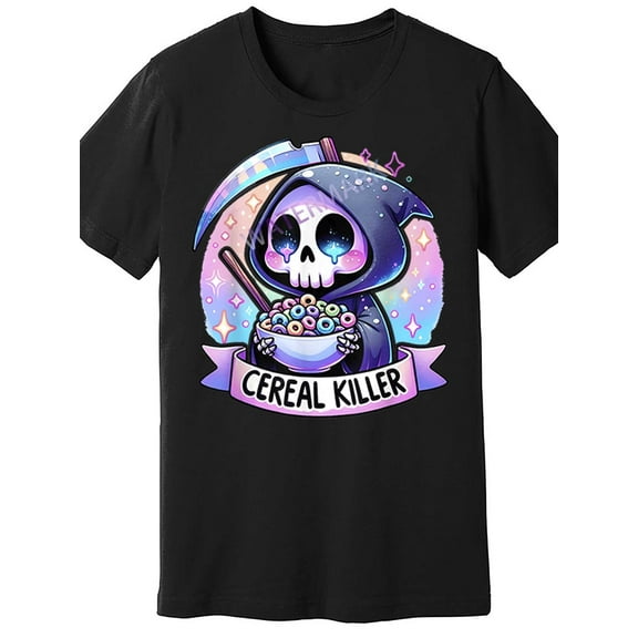 Men's "Cereal Killer" Graphic T-Shirt - Funny Black Cotton Tee with Colorful Cereal Design, Short Sleeve, Round Neck - Casual All-Season Wear