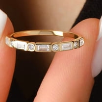 vylahjewellery Bezel Setting Engagement Rings Plated Yellow Gold Round and Baguette Moissanite Diamond Ring Unique Stackable Band with Round Cut Accents