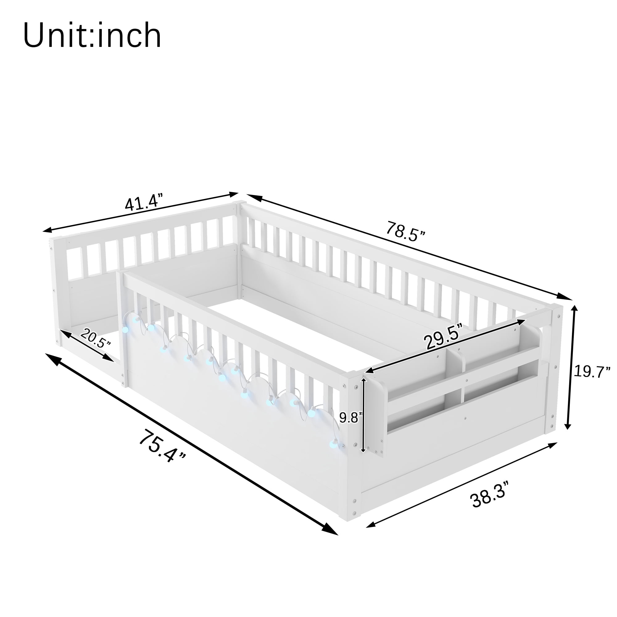 Euroco Wood Twin Size Montessori Floor Bed with Guardrails and LED Light, Kids Bed with Storage Shelves, White