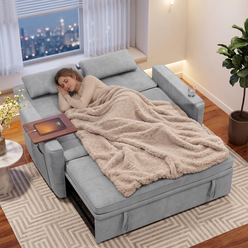 avobird 54'' Pull Out Sofa Bed, Convertible Sleeper Couch for for Living Room, Side Desk, USB Ports, Cup Hold, Velvet Fabric, Adjustable Backrest, Light Gray