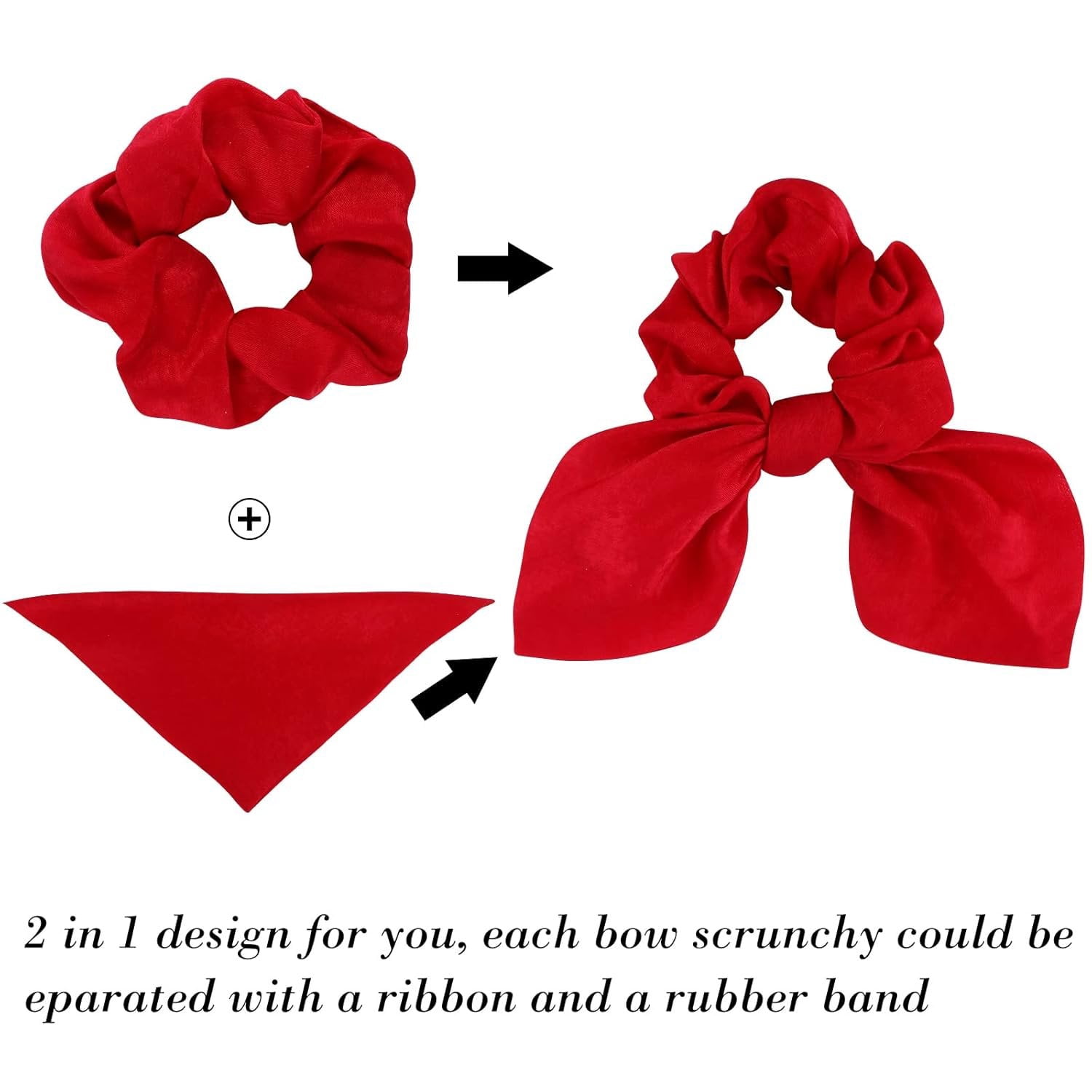 12 Pack Satin Scrunchies with Tails - Bow Hair Accessories for Thick Hair, Red Bunny Ear Hair Ties for Girls