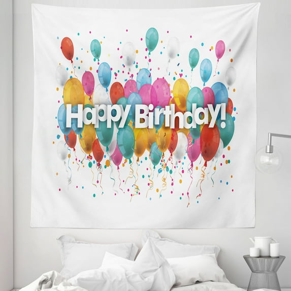Balloons Tapestry, Celebration Gathering with Friends Party Happy Birthday Lettering Wishes Artwork, Fabric Wall Hanging Decor for Bedroom Living Room Dorm, 5 Sizes, Multicolor, by Ambesonne