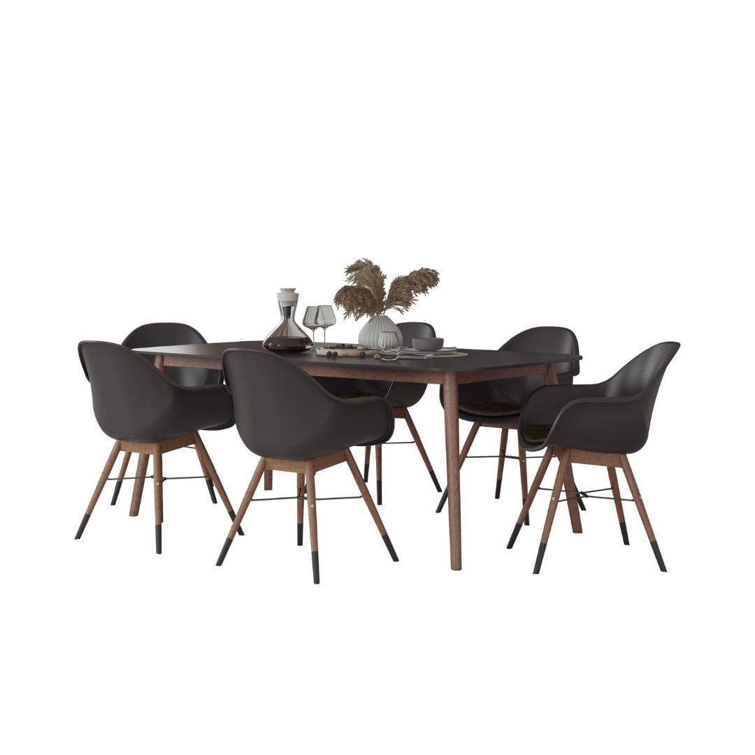 Midtown Concept Pieve 7-Piece Indoor Rectangular Dining Table Set | Eucalyptus Wood | Ideal for Indoors, Black Cushions