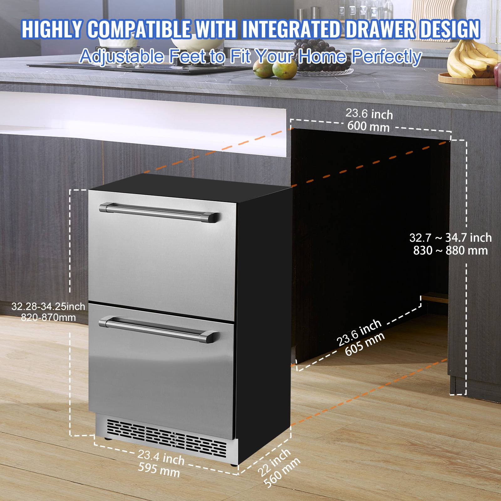 KFFKFF 24-inch Below-Counter Fridge, Dual-Drawer Refrigeration with Variable Temperatures, 4.87 Cubic Feet Volume, Water-Resistant Interior and Exterior Below-Counter Freezer