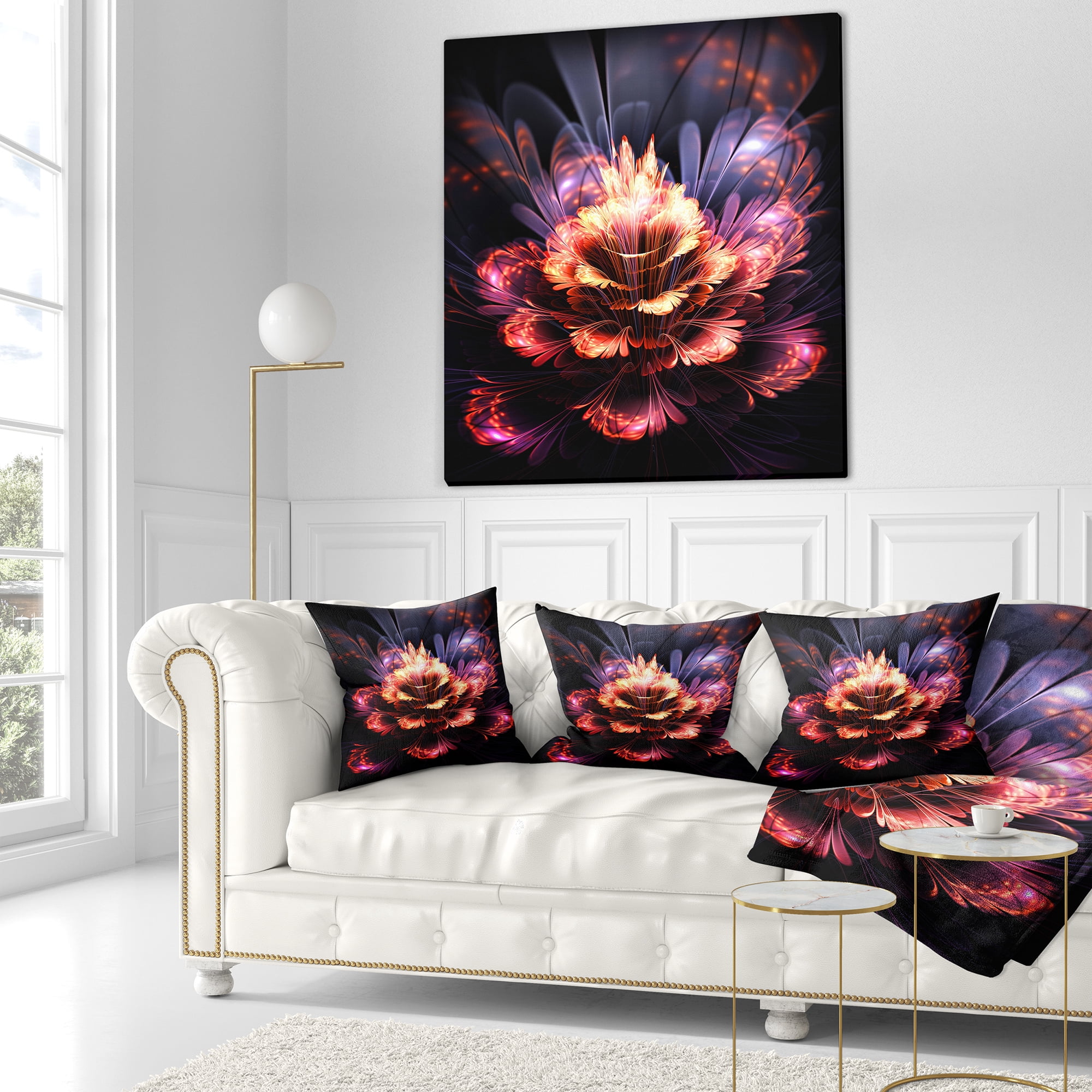 Designart Fractal Flower Orange and Purple - Floral Throw Pillow - 16x16
