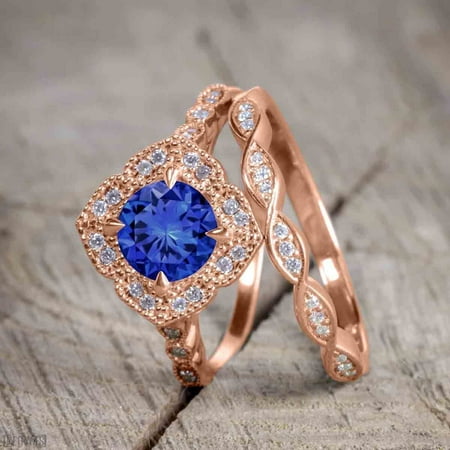 White Gold Semi Set - 2 Carat Round Cut Sapphire and Diamond Bridal Ring Set with Semi Eternity Wedding Band in Rose Gold