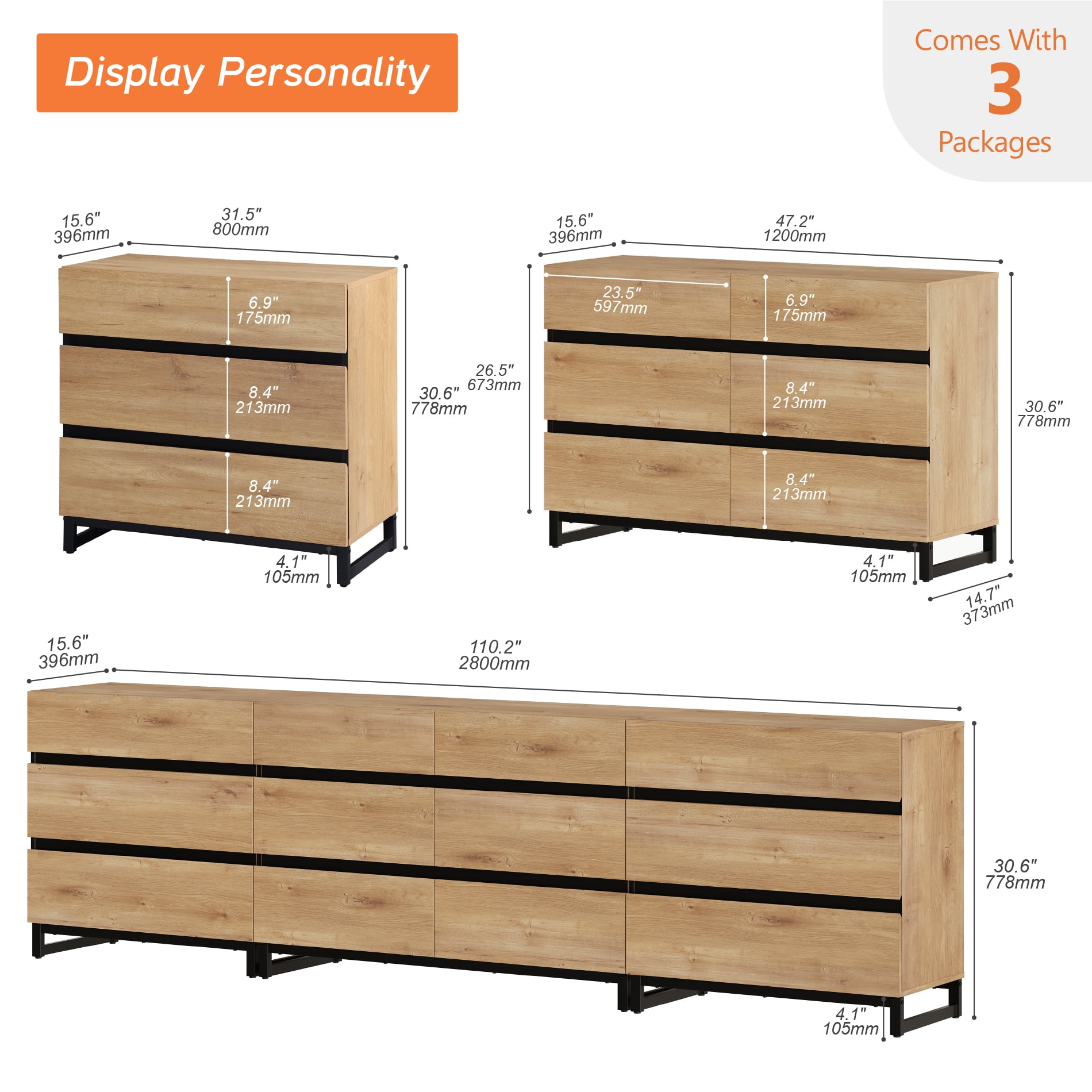3 In 1 Sideboard Buffet Cabinets With 12 Drawers, Modern Sideboard Credenza With Metal Base, Coffee Bar Cabinet Storage Cabinet,Oak