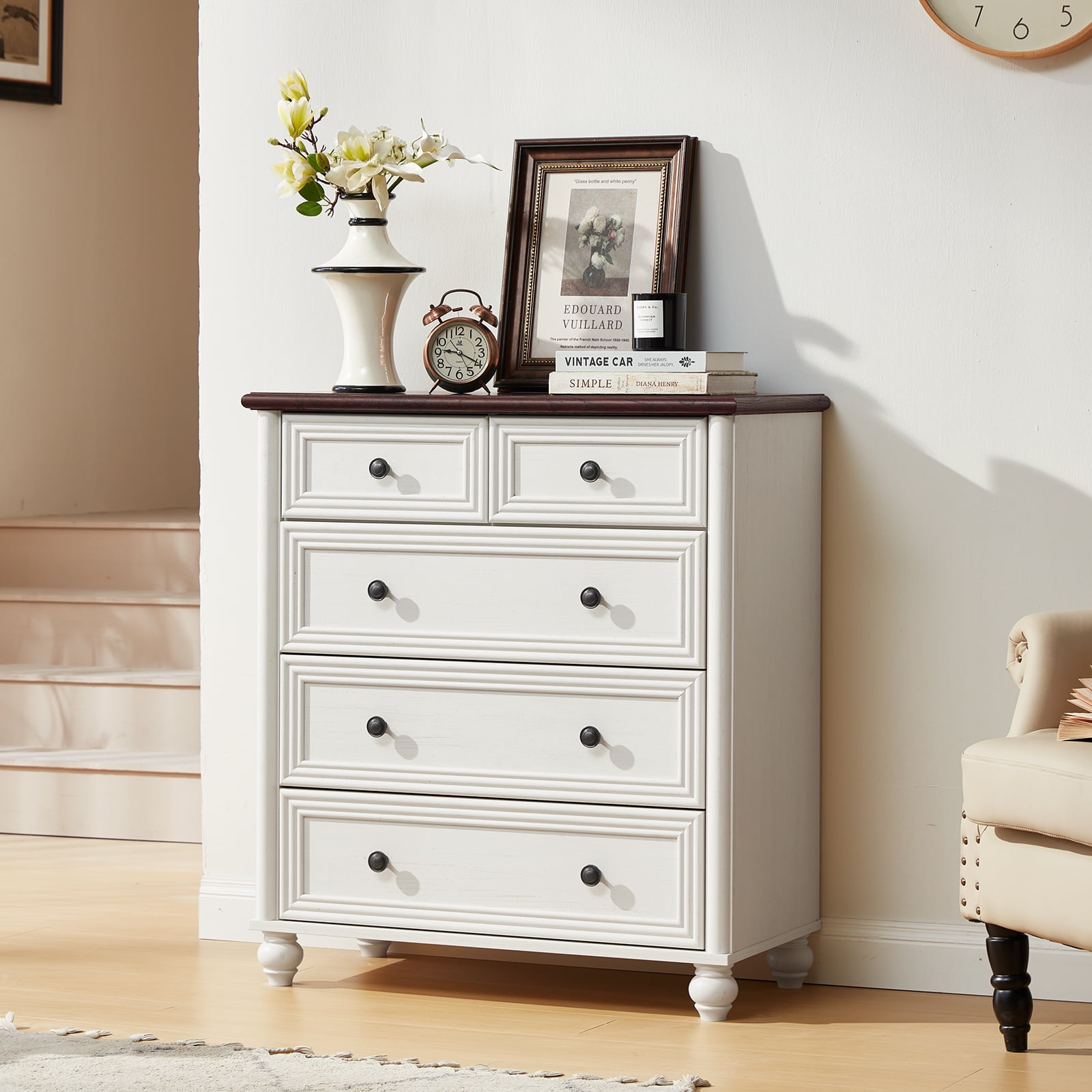 LELELINKY 5-Drawer Wood Dresser for Bedroom, Large Storage Cabinet, Classified Storage Organizer Chest for Living Room, Hallway, Brown & White