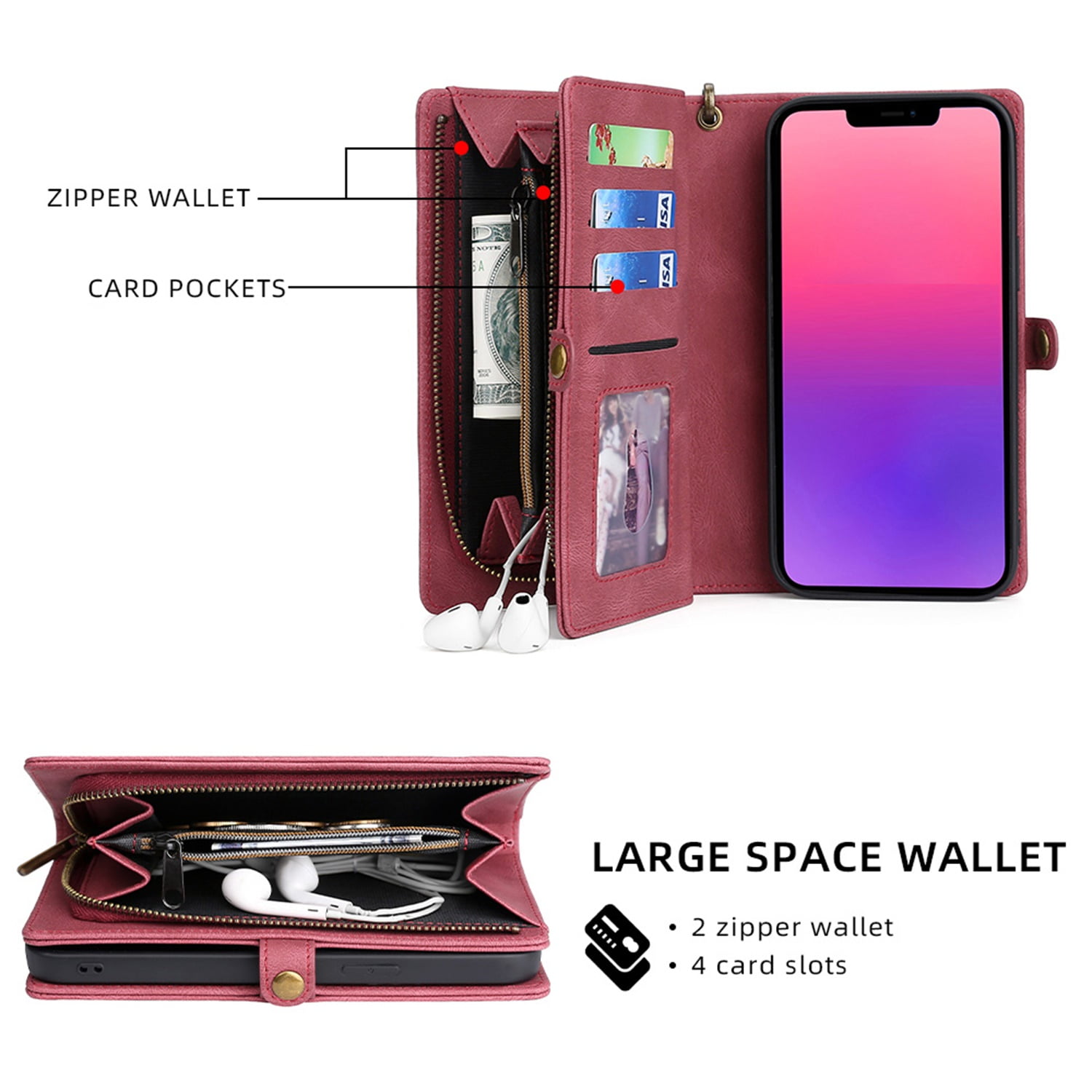 Defencase for iPhone 13 Mini Case for Women Men, Removable Durable PU Leather Magnetic Flip Strap Wristlet Zipper Purse Card Holder Detachable Wallet Phone Cases for iPhone 13 Mini, Red