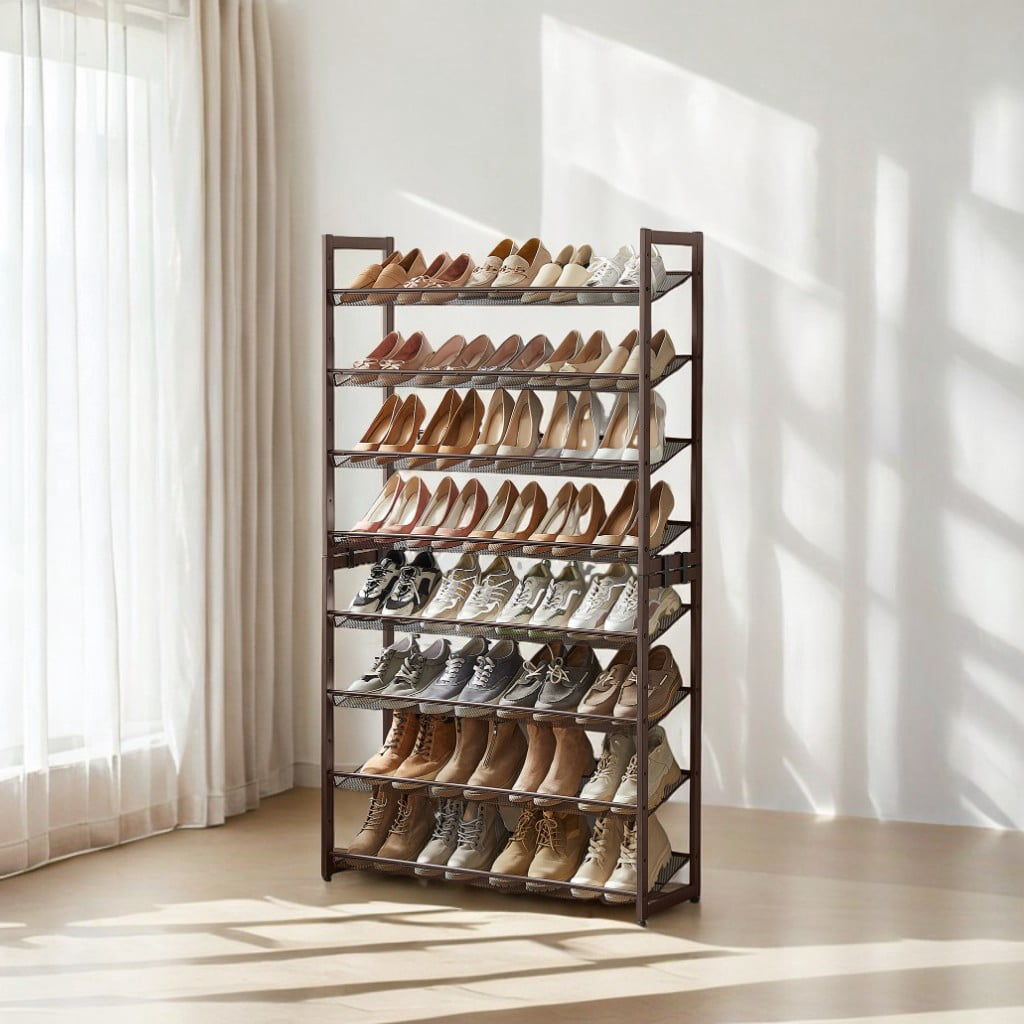 Shoe Rack, 8-Tier Shoe Organizer, Metal Shoe Storage, Entryway, Set of 2, 4-Tier Stackable Shoe Shelf, with Adjustable Flat or Angled Shelves