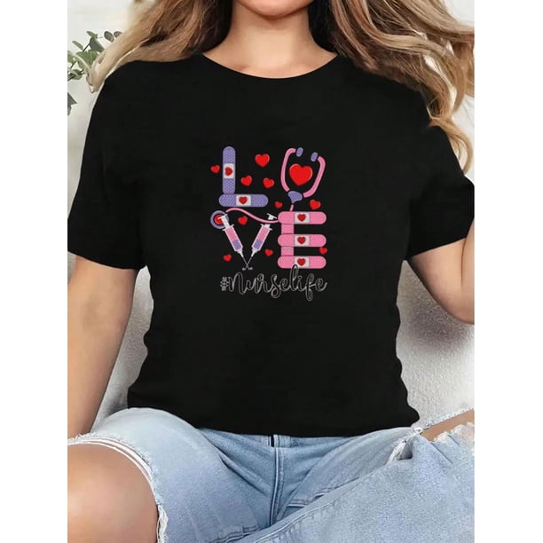 Camiseta de algodón puro con cuello redondo y estampado de amor creativo para San Valentín, para mujer, talla grande, informal, cómoda, para uso diario y para deportes de ocio.