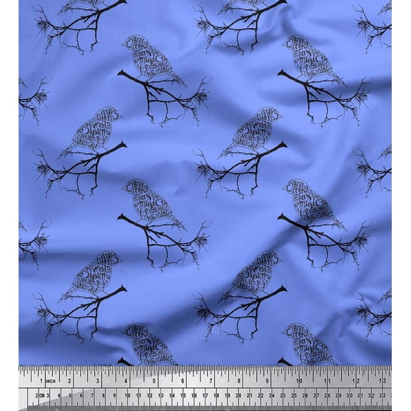 Soimoi Blue Cotton Voile Fabric Branch & Bird Text Print Fabric by the Yard 42 Inch Wide