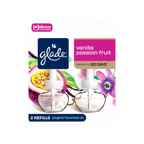 Glade PlugIns Scented Oil 2 Refills, Air Freshener, Vanilla Passion Fruit, Essential Oil Infused Wall Plug In, 1.34 FL oz, 2 Refills