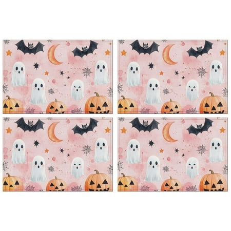 

Halloween Cute Ghost Pumpkin Spider Web Bat Placemats Set of 4 12x18in Inch Seasonal Fall Holiday Place Mats Durable No Slip Dining Table Mats for Halloween Dining Table Accessories