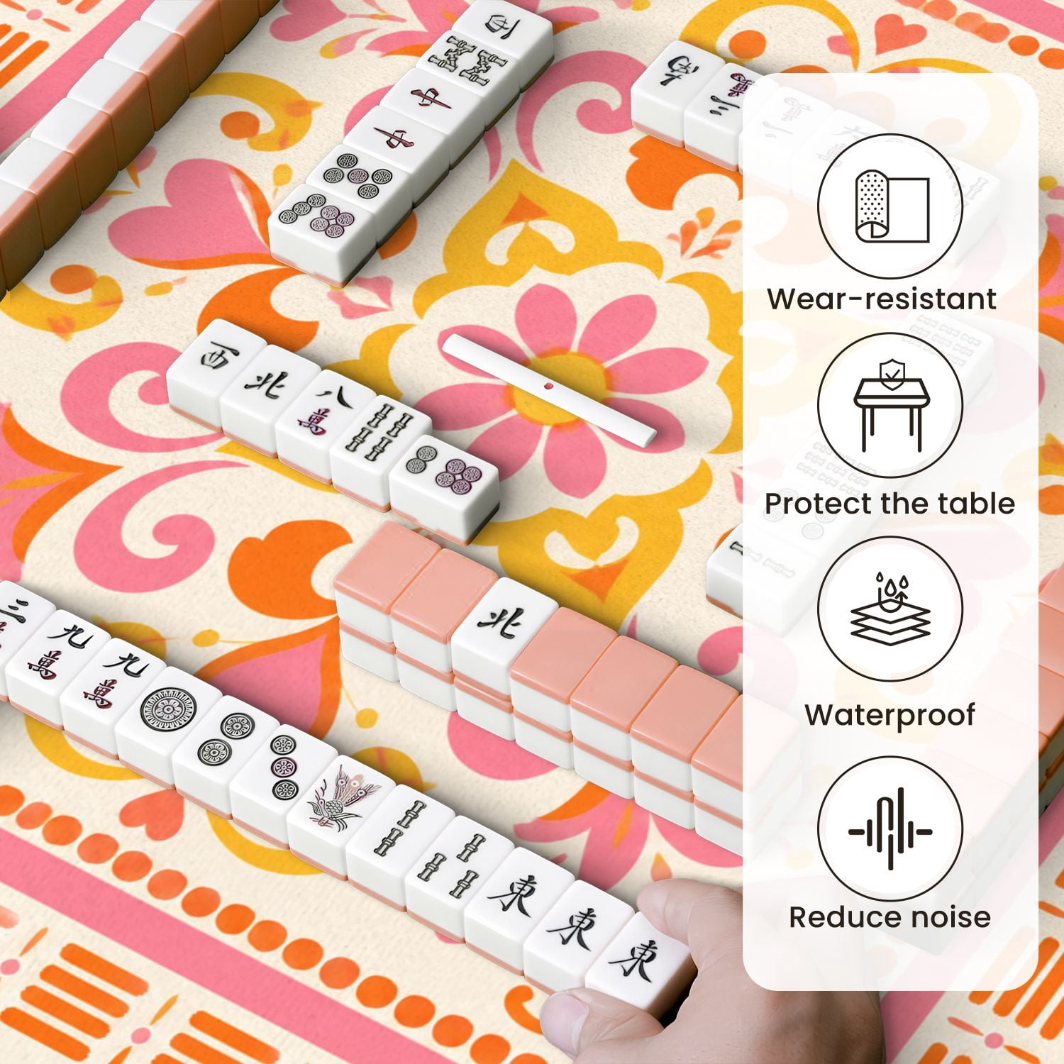 Mahjong Mat 31.5" x 31.5" Floral Ornamental Pink Orange Heart Motifs Swirls Non-Slip Noise Reduction Mahjong Tiles Table Cover for Dominoes Poker Card Board and Tile Games