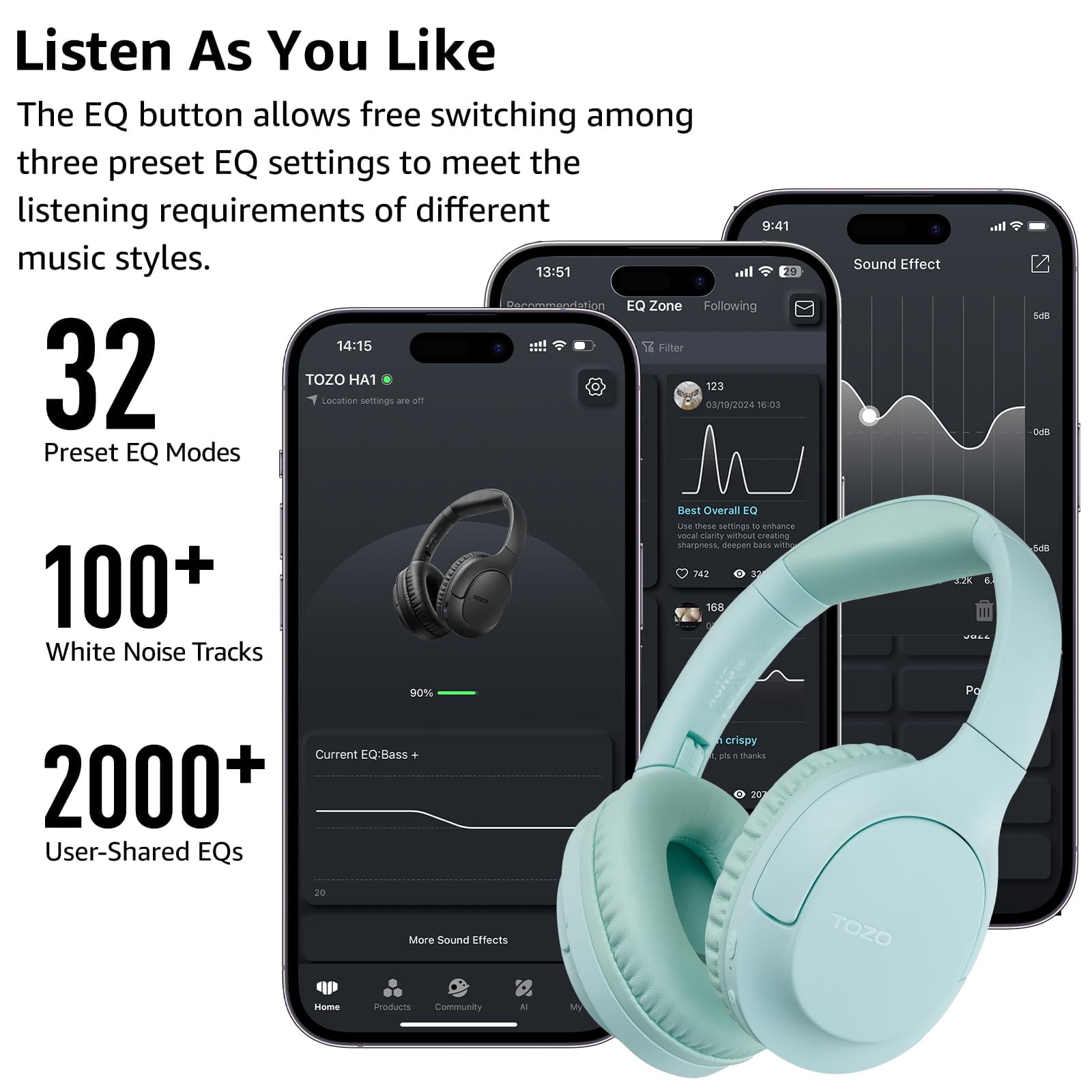 TOZO Upgraded Bluetooth 5.4 Over Ear Headphones, ENC Call Noise Cancelling Mic, Foldable Wireless Headset, 70H Playback, Deep Bass Stereo Sound, Customizable EQ via Button & App, for Travel and Home