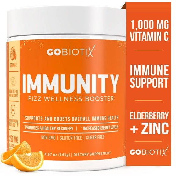GoBiotix Immunity Fizz Drink with Vitamin C, Zinc & Elderberry for Immune Support, Orange, 30 Servings