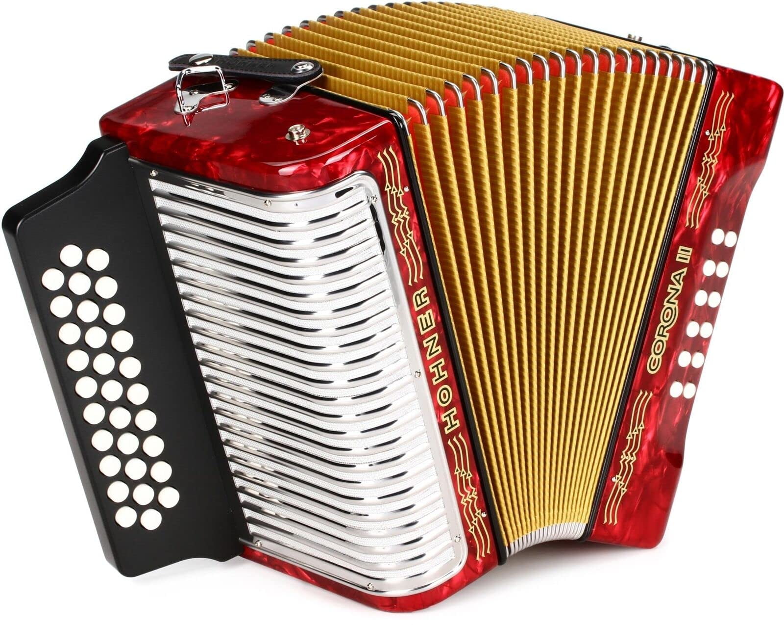 Hohner Corona II G/C/F Accordion - Pearl Red Bundle with Case, Gig Bag, Straps, and Austin Bazaar Polishing Cloth