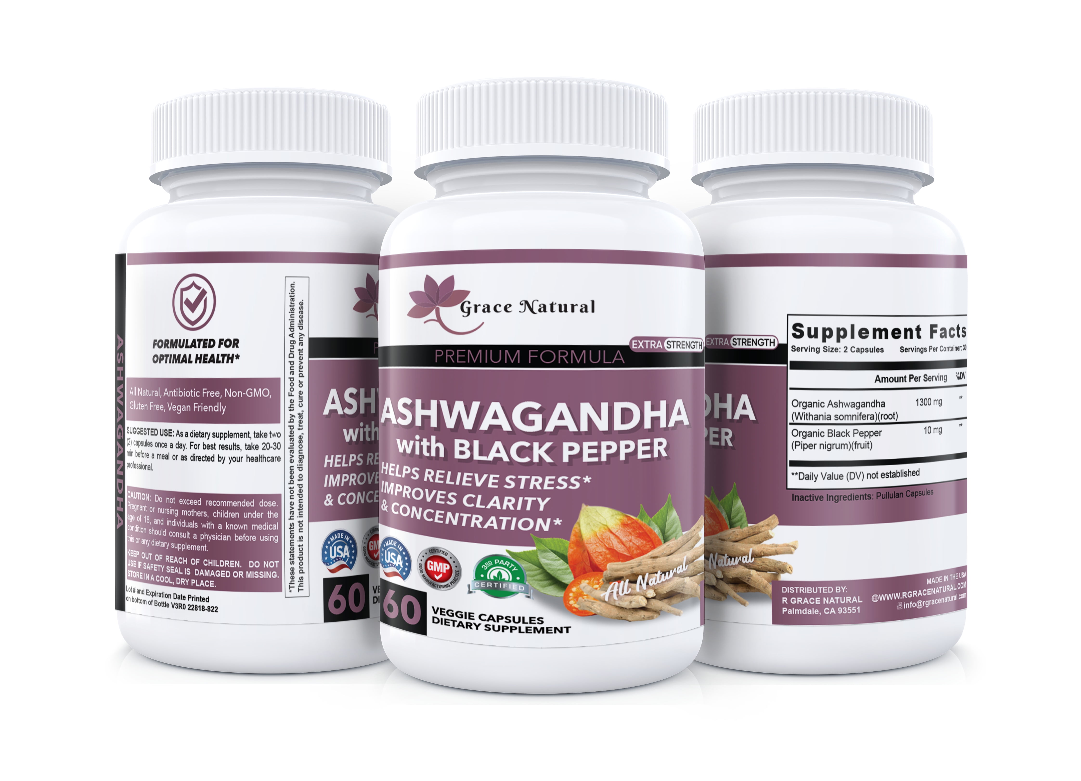 ASHWAGANDHA With Black Pepper Helps Relieve Stress Improves Clarity Concentration 60 Veggie Capsules Dietary Supplement All Natural Antibiotic Free Non GMO Gluten Free Vegan Friendly