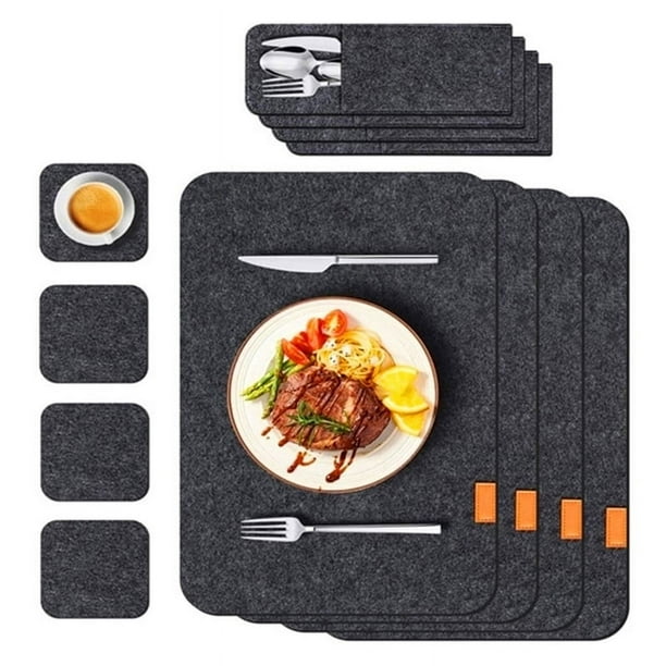 Tapete para mesa, tapete para taza, tapete para vajilla, juego de tapete para taza, aislamiento térmico de fieltro con bolsa de tenedor, tapete para vajilla para el hogar, cocina, gris oscuro
