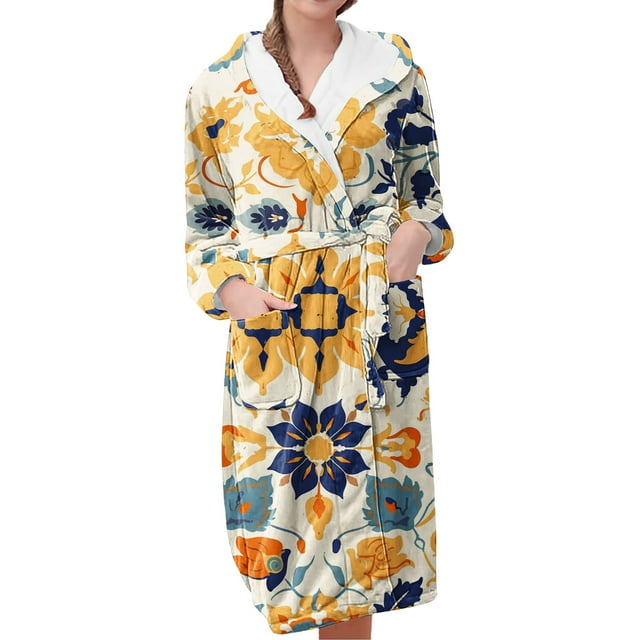 Jindong Robes en Peluche pour Femmes Robe en Polaire Longue Chaude Peignoir de Bain Veste de Détente Imprimée Robe de Confort Robes pour Femmes