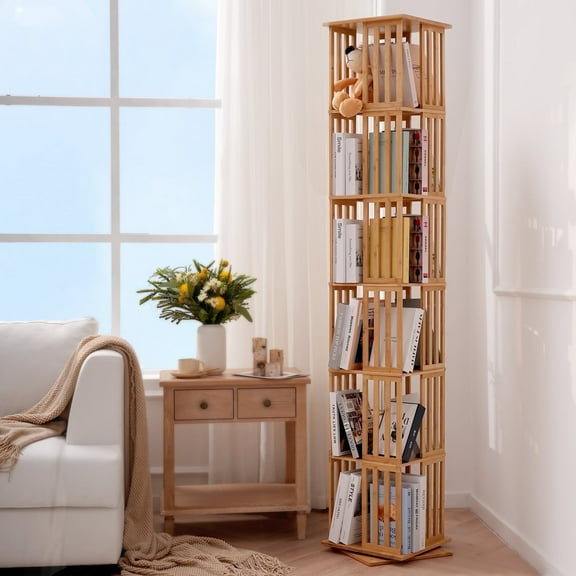 Eliantte 6 Tier Rotating Bookshelf, Bamboo Spinning Bookcase Organizer, Floor-Standing 360° Display Rack Corner Book shelf