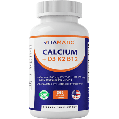 Vitamatic Calcium Supplement 1200mg with D3, K2 & B12, Immune & Bone Health Support - 365 Coated Tablets