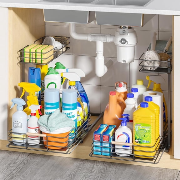 LAMU Under Sink Organizers and Storage, 2 Tier Kitchen Bathroom Cabinet Organizers and Storage, Pull Out Under Sink Storage Kitchen Shelf Organizer for Under Counter Storage Organizer