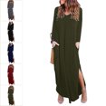 thumbnail image 4 of Vestido de manga larga con abertura lateral, cuello en V, bolsillo, dobladillo irregular, vestido largo de color puro para mujer OD Green S, 4 of 6