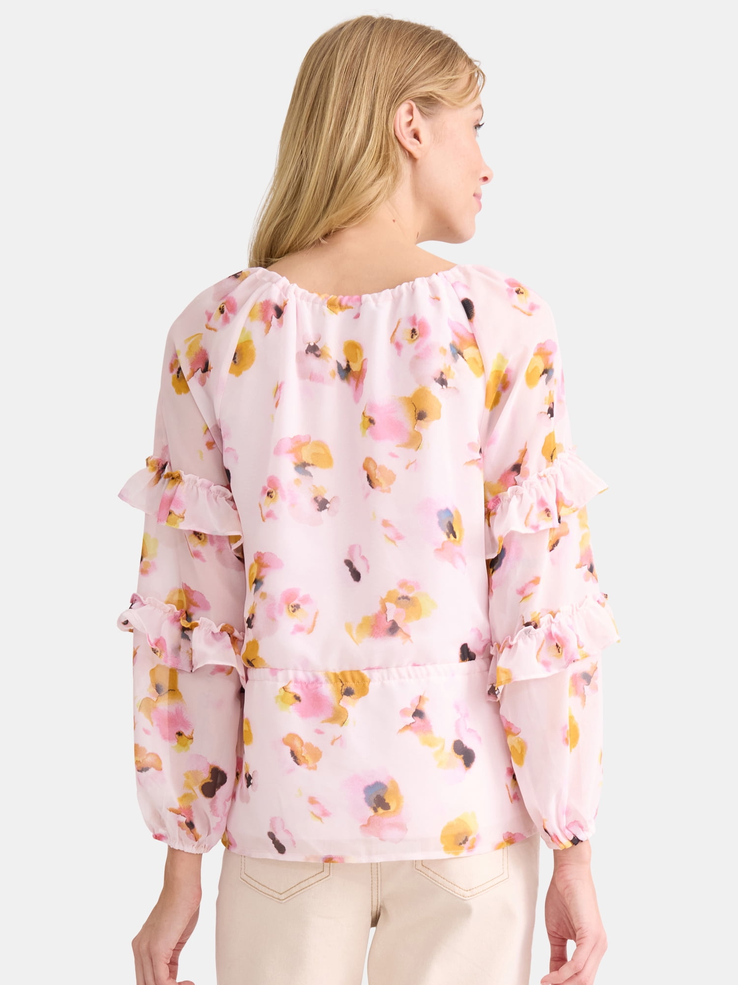 The Pioneer Woman Floral Print Blouse with Ruffle Sleeves, Sizes S-3XL, Women’s