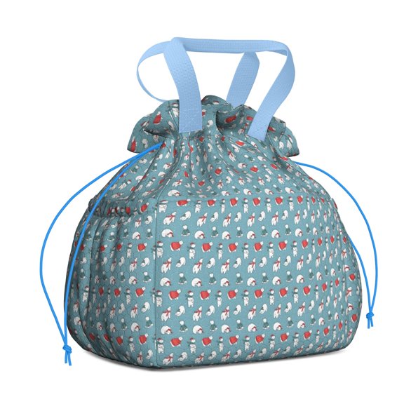 Light Blue Christmas Snowman Pattern Drawstring Lunch Bag Women - Drawstring Lunch Bag Insulated for Work Office - Stain-Resistant Large Lunchbags for Women with Multi-Pockets