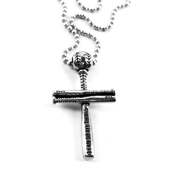 Baseball Bat And Ball Cross (clubball) Small Necklace Antique Silver On Ball Chain