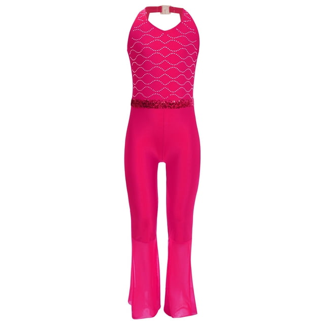 Ocealan Big Girl's Gymnastic Leotard Full Body Bell-Bottom Halter Jumpsuit Ballet Jazz Latin Dance Unitards Hot Pink 10