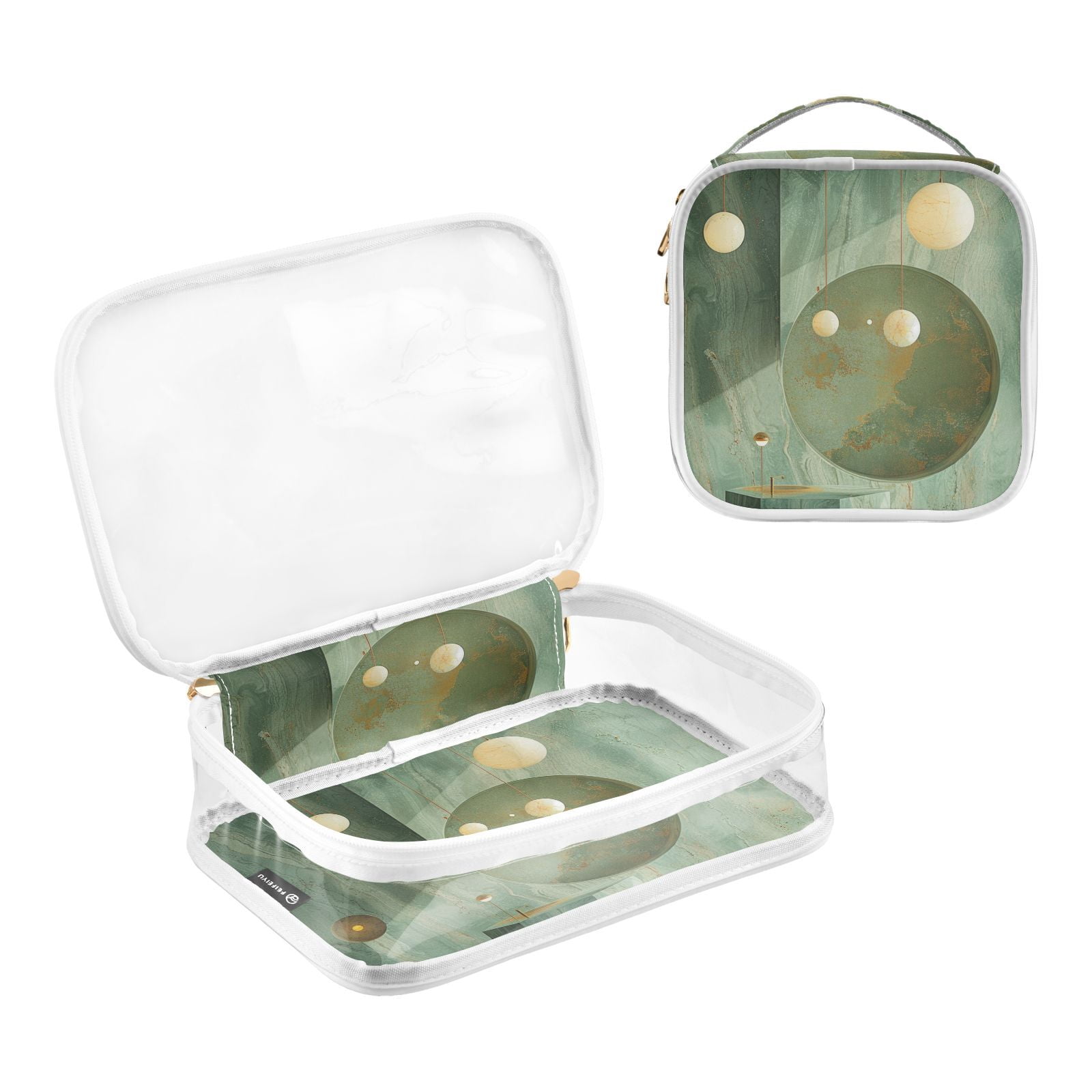 Clear Makeup Bags with Handle Large Opening 2 Pack Set Toiletry Bag Quart Size Bag, for Women Man Traveling Travel Essentials, Toiletries and Other. Green Gold Marble Modern Luxury